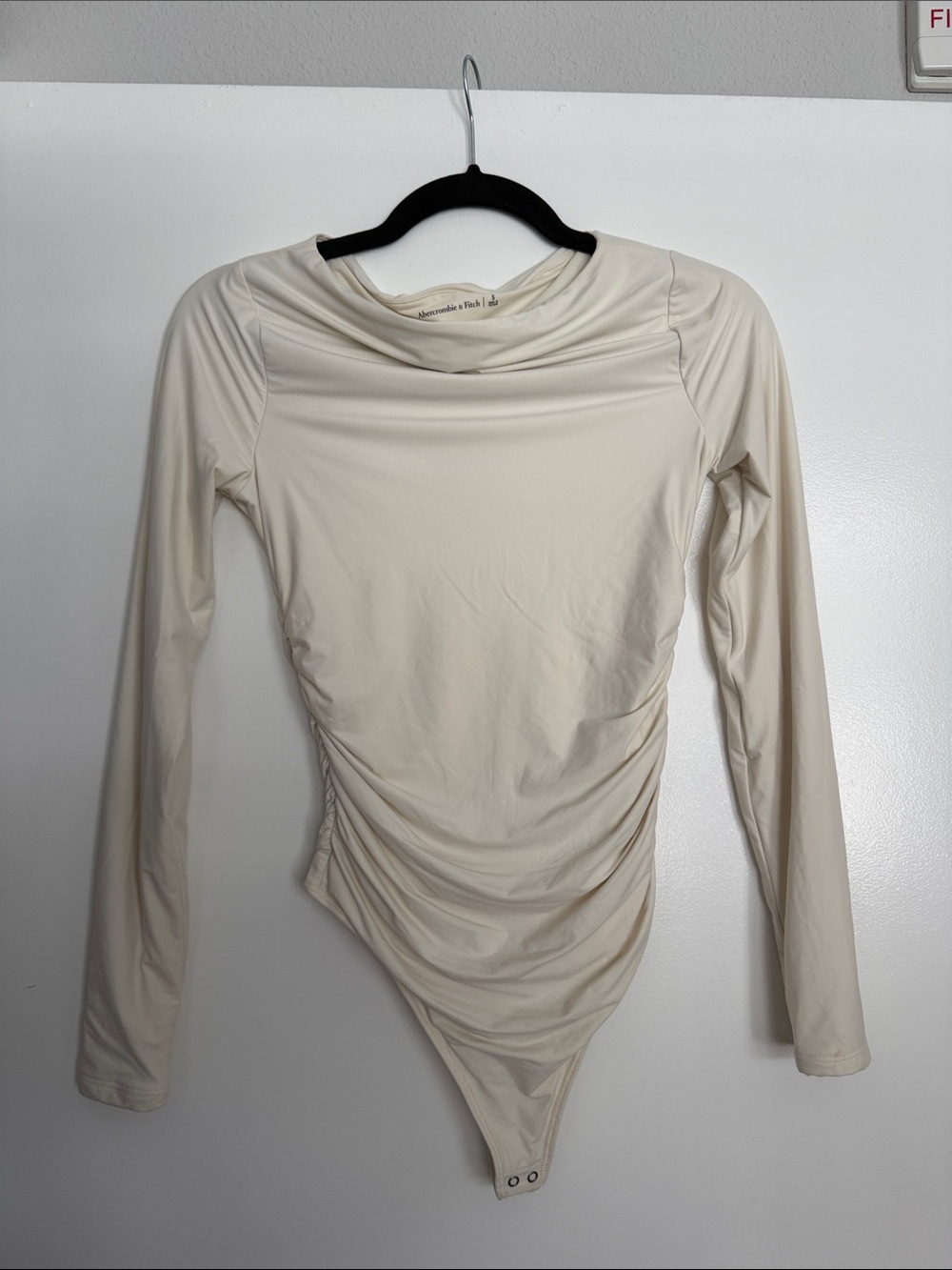 Abercrombie & Fitch Cream Cowl Neck Long Sleeve Ruched Bodysuit S